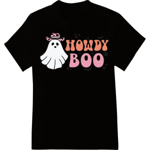 Cute ghost cowboy design in black outline with cowboy hat and friendly expression saying 'Howdy Boo' in orange text