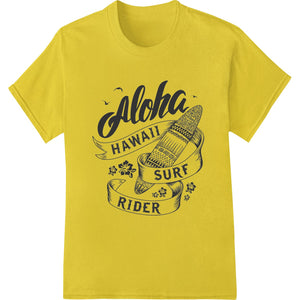 Surf rider illustration with Aloha Hawaii text on tropical beach background, DTF print transfer for custom t-shirts