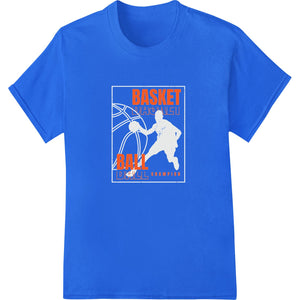 Dynamic DTF print heat transfer design featuring a basketball player dunking against a vibrant background.