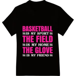 Bold basketball-themed text design in a stylish font, perfect for DTF heat transfer printing on custom apparel and...