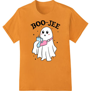 A cute cartoon ghost design, with a pink bow and smiling expression, perfect for DTF printing and heat transfer on t-shirts