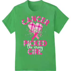 Black shirt with pink ribbon design and 'Cancer Picked Girl' text supporting breast cancer awareness