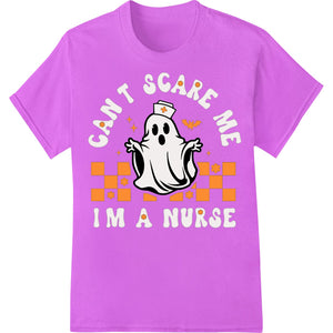 Illustration of a smiling ghost wearing a nurse's cap and holding a syringe alongside the text 'Can't Scare This Nurse!'