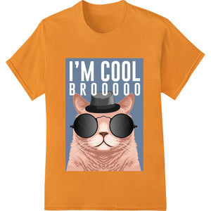 Digital illustration of a cat wearing sunglasses on a colorful background, designed as a DTF print transfer for apparel