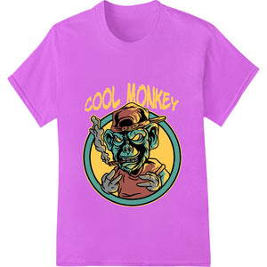 Cool monkey DTF print heat transfer design featuring a stylized monkey illustration in orange, yellow and blue tones.