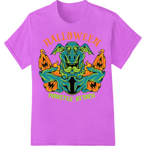 Black monster with sharp teeth and red eyes attacking on a purple and orange background, perfect for a scary Halloween design