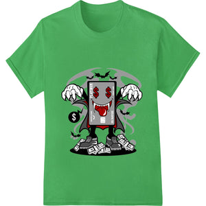 Edgy illustration of a demon holding money, designed for direct-to-film heat transfer printing on Halloween t-shirts and...