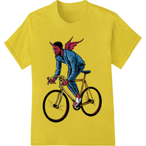 Cartoon illustration of a devil with horns and tail riding a bicycle, designed as a heat transfer vinyl for t-shirt printing