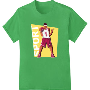 Bold maroon dynamic basketball player design heat transfer graphic for custom t-shirt printing and apparel decoration.